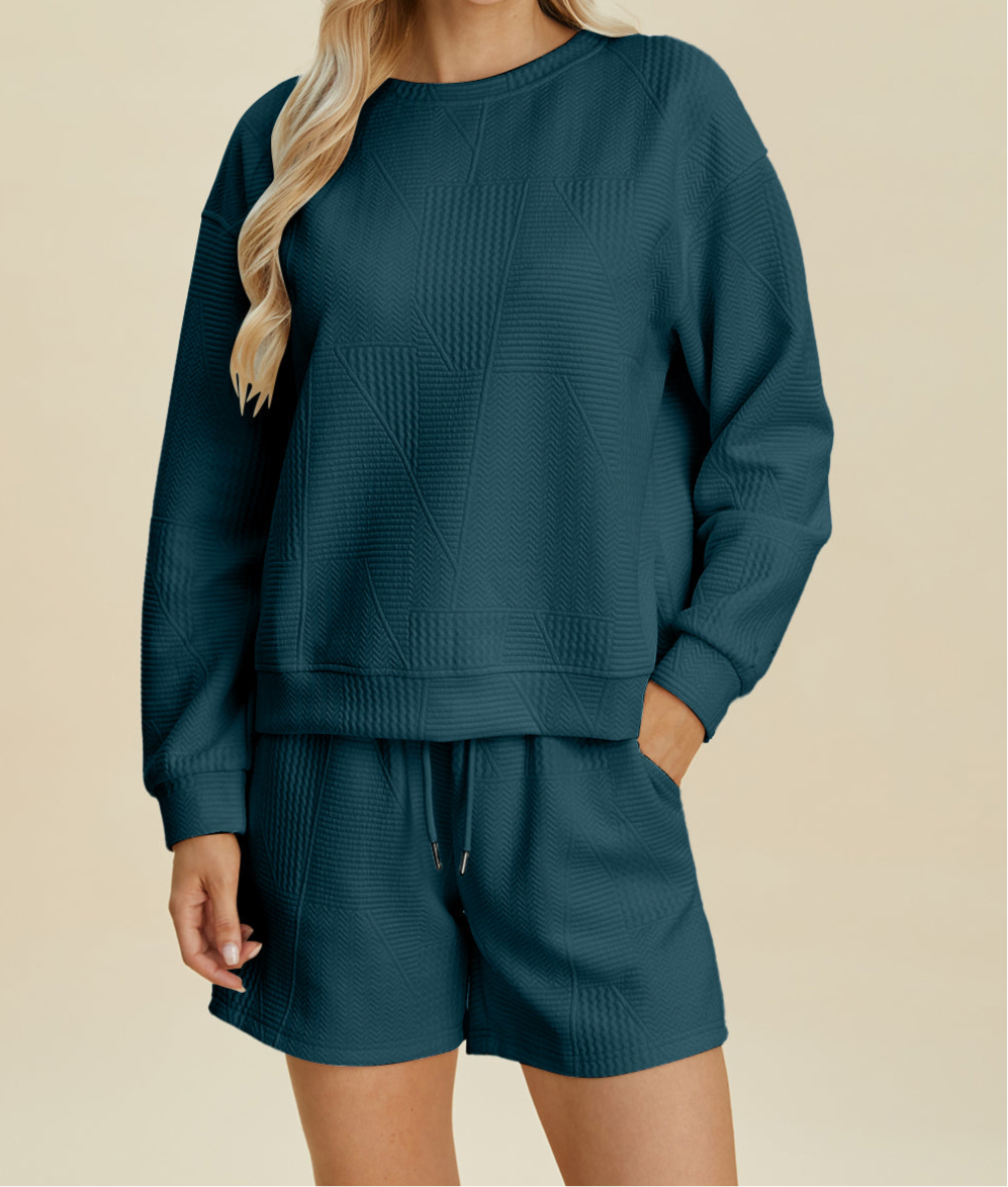 Online Exclusive: Double Take Full Size Texture Round Neck Long Sleeve Top and Shorts Set