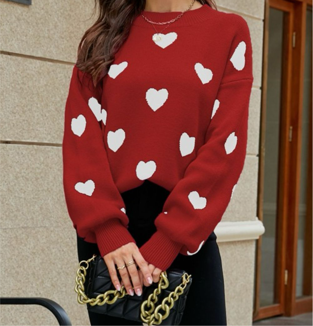 Online Exclusive: Woven Heart Pattern Lantern Sleeve Round Neck Sweater