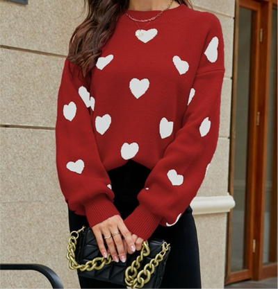 Online Exclusive: Woven Heart Pattern Lantern Sleeve Round Neck Sweater