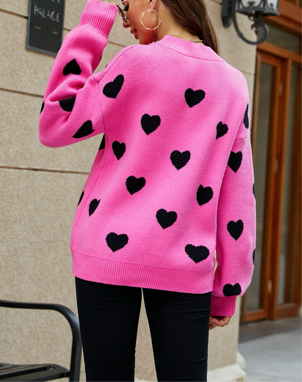 Online Exclusive: Woven Heart Pattern Lantern Sleeve Round Neck Sweater