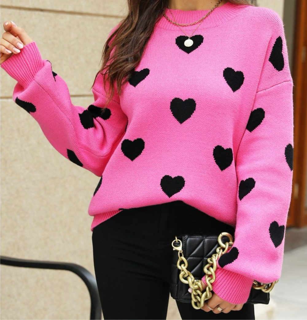 Online Exclusive: Woven Heart Pattern Lantern Sleeve Round Neck Sweater