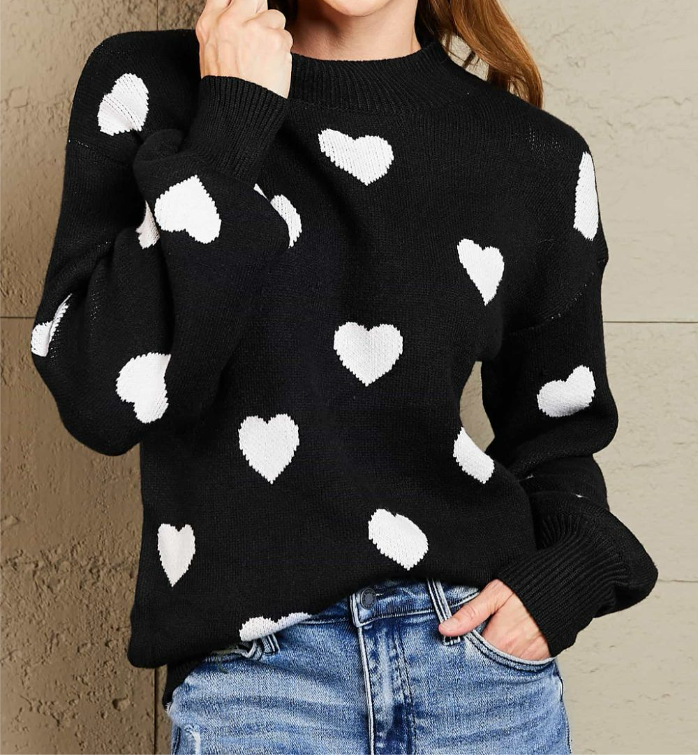 Online Exclusive: Woven Heart Pattern Lantern Sleeve Round Neck Sweater