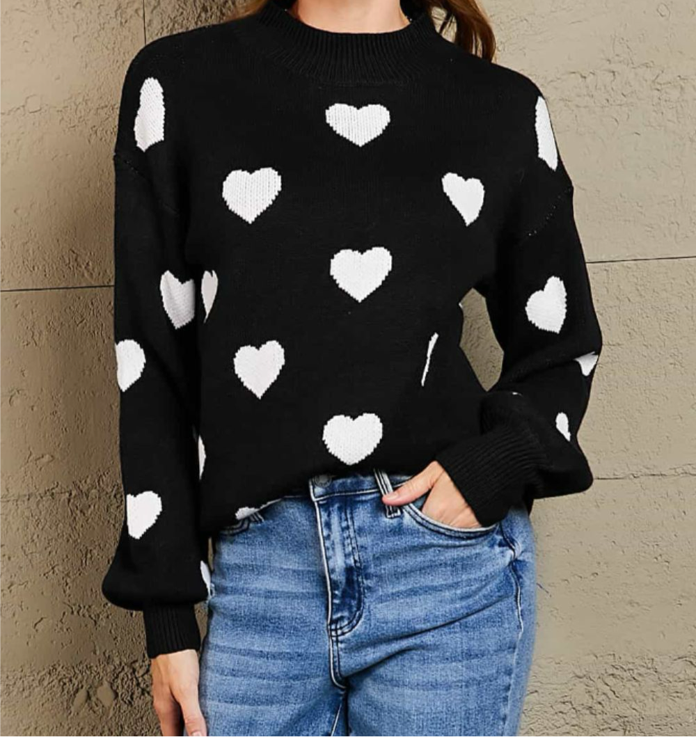 Online Exclusive: Woven Heart Pattern Lantern Sleeve Round Neck Sweater