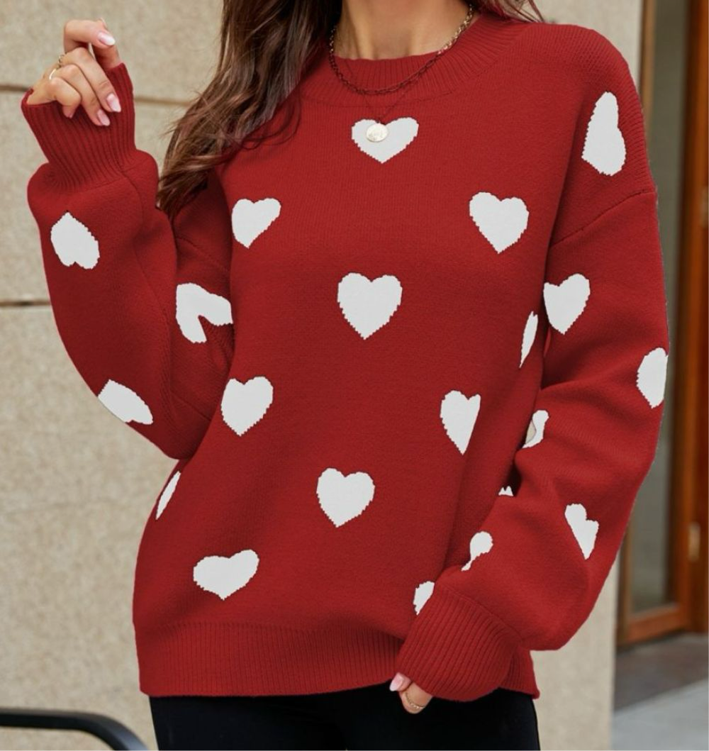 Online Exclusive: Woven Heart Pattern Lantern Sleeve Round Neck Sweater