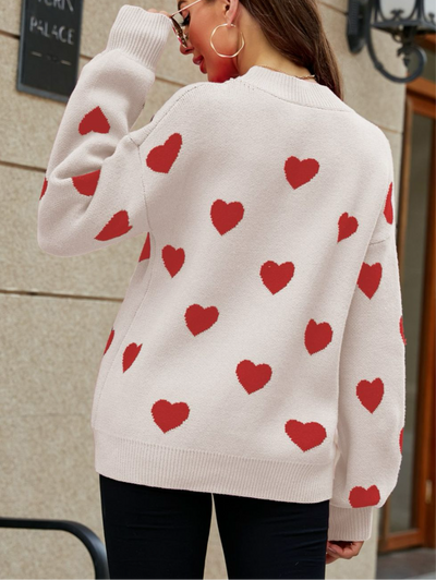 Online Exclusive: Woven Heart Pattern Lantern Sleeve Round Neck Sweater