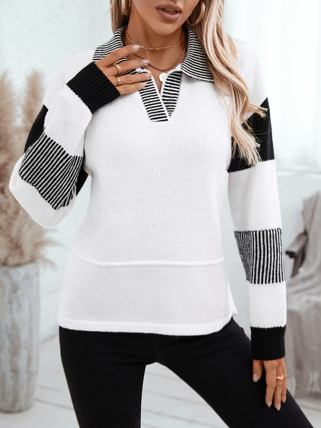 Online Exclusive: Striped Collar Drop Shoulder Sweater