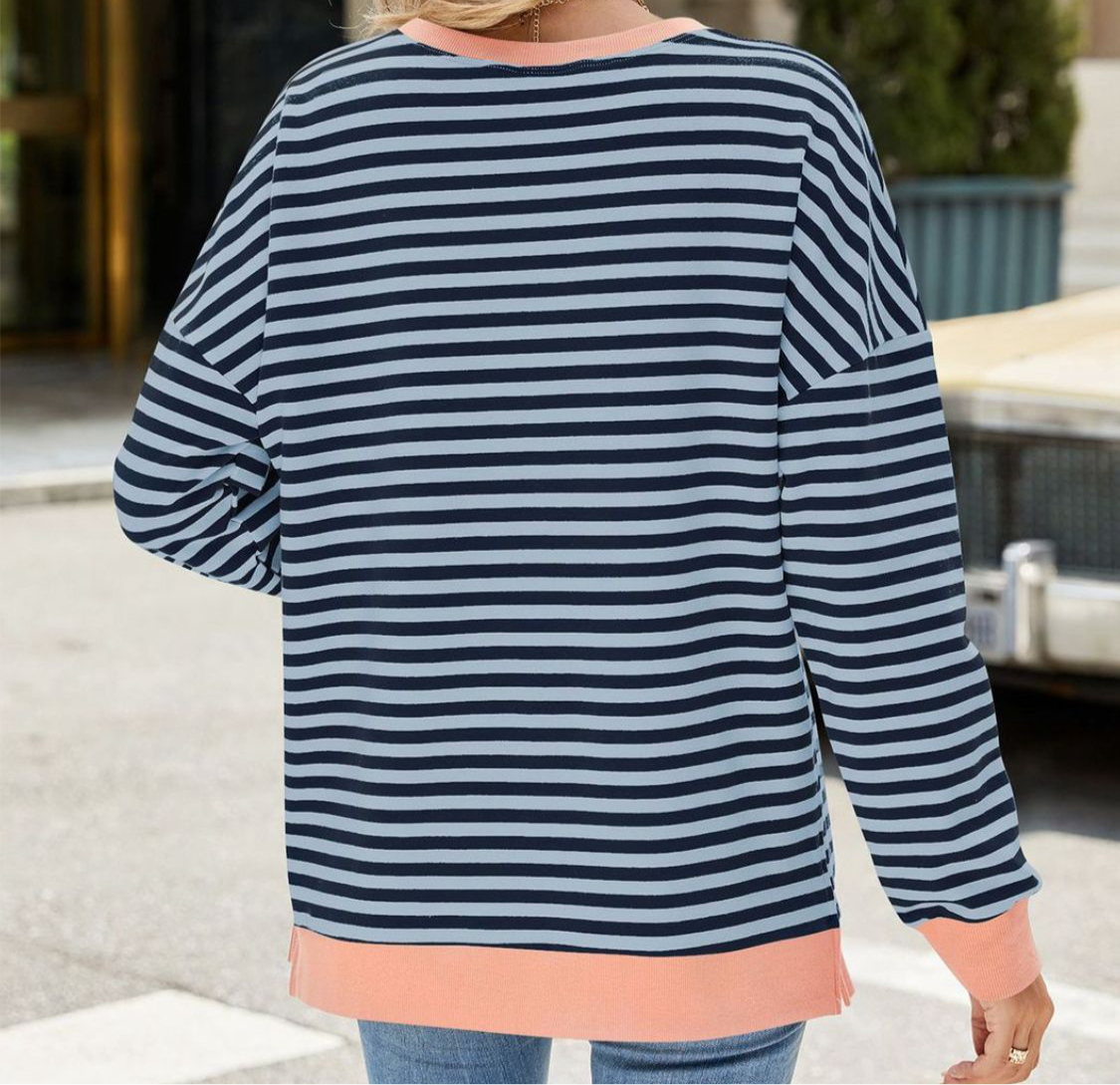 Online Exclusive: Slit Striped Round Neck Long Sleeve Sweatshirt