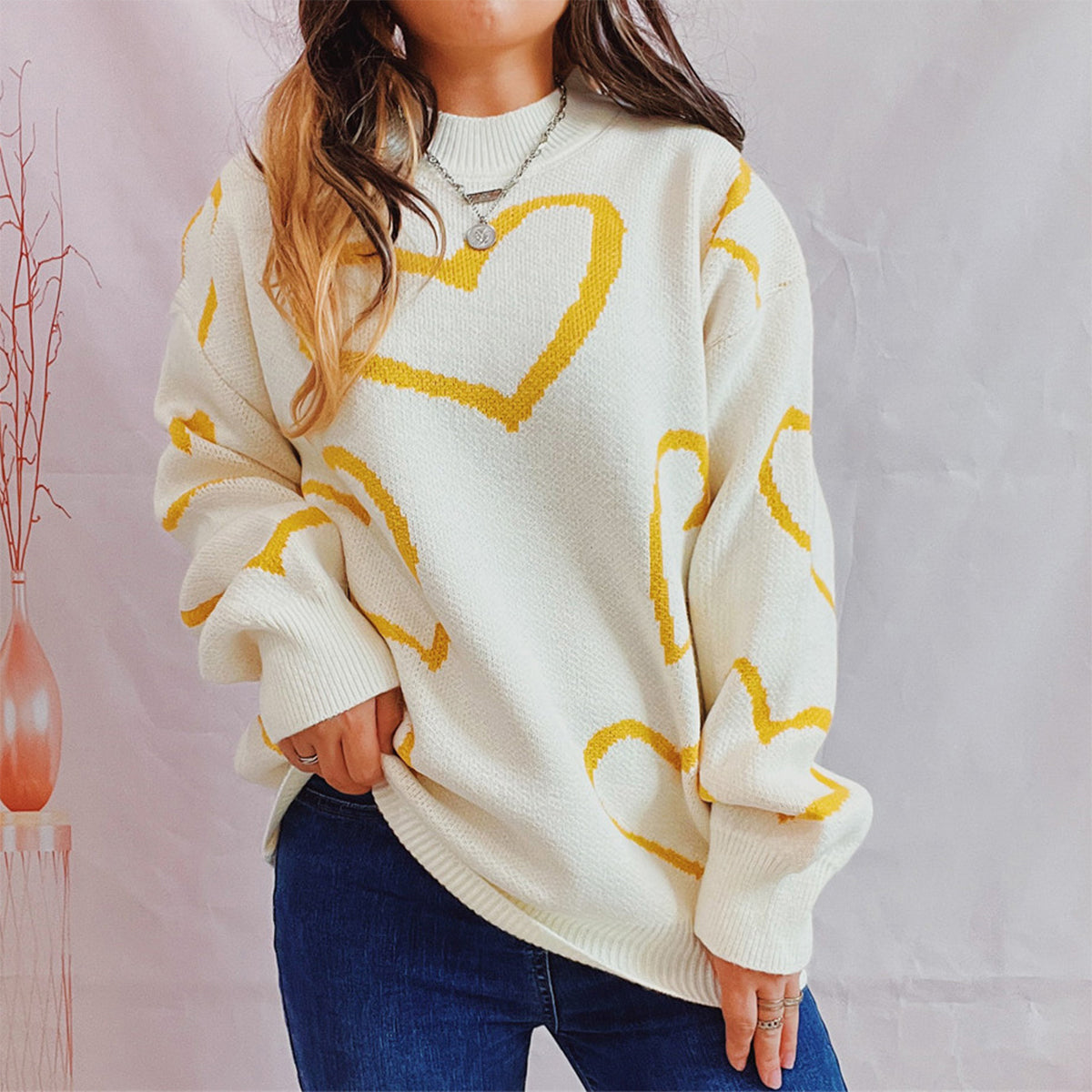 Online Exclusive: Heart Pattern Long Sleeve Sweater