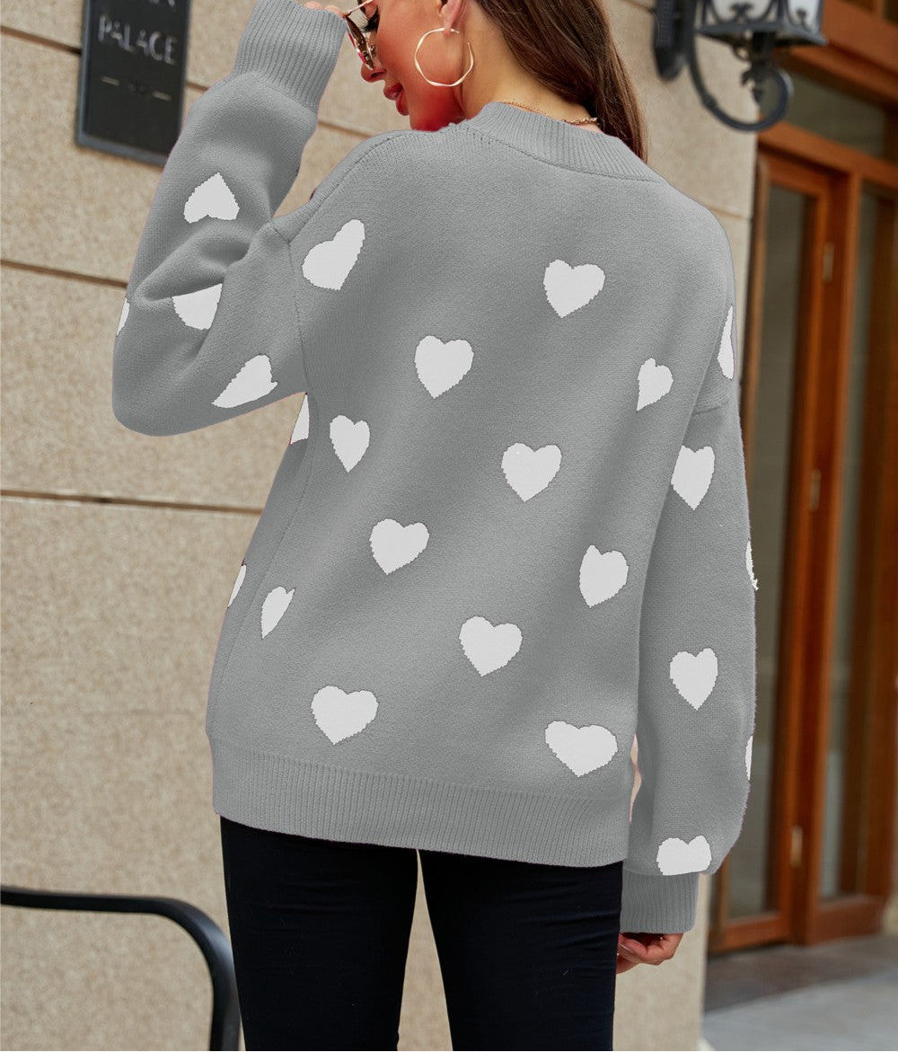 Online Exclusive: Woven Heart Pattern Lantern Sleeve Round Neck Sweater