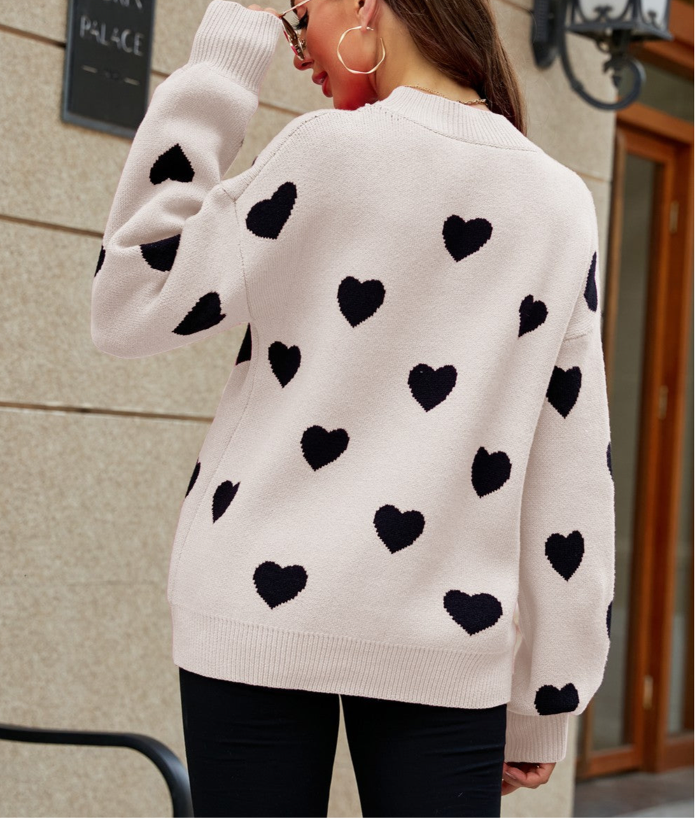 Online Exclusive: Woven Heart Pattern Lantern Sleeve Round Neck Sweater