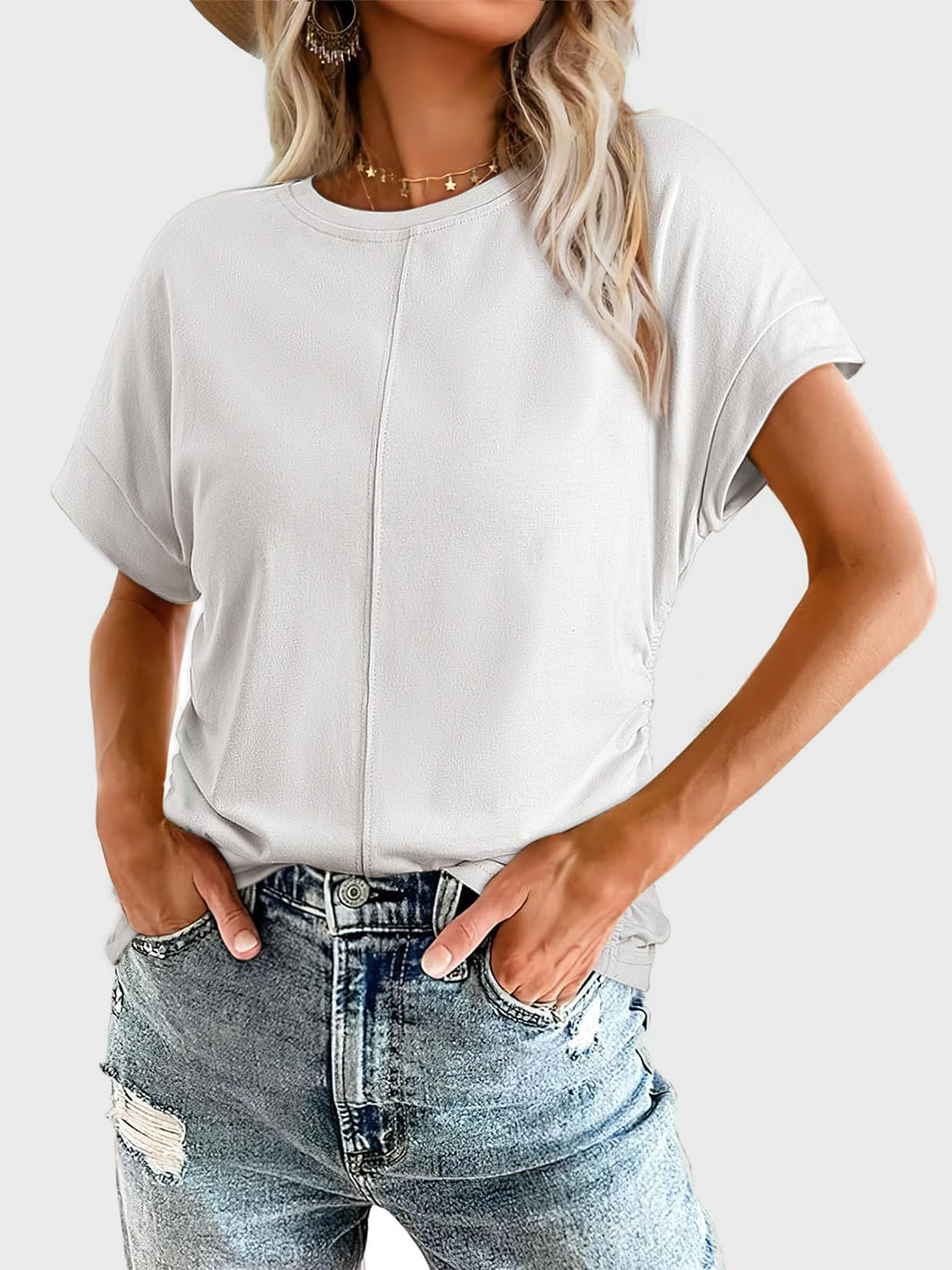 Online Exclusive: Ruched Round Neck Short Sleeve T-Shirt