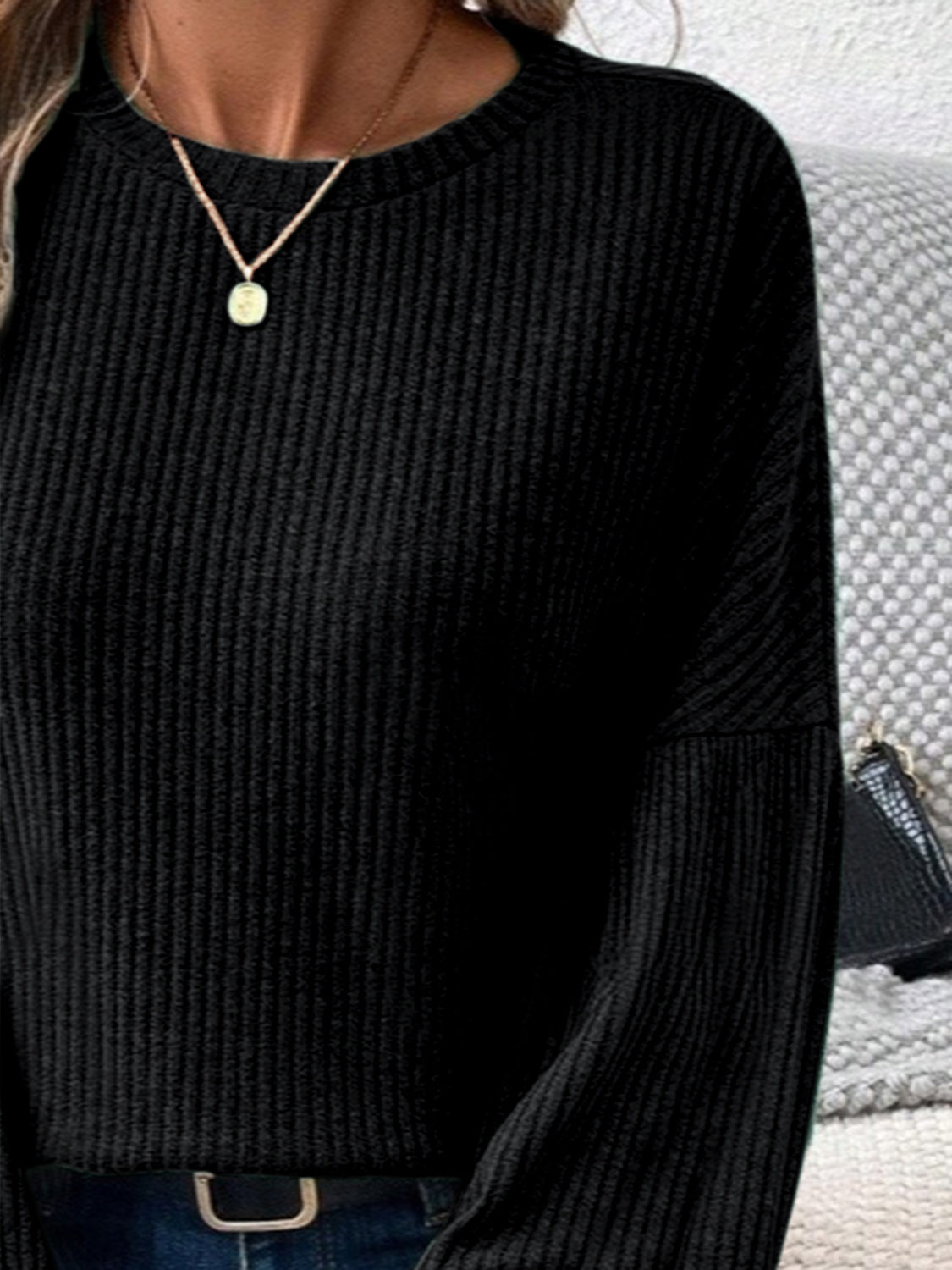 Online Exclusive: Ribbed Round Neck Lantern Sleeve Top