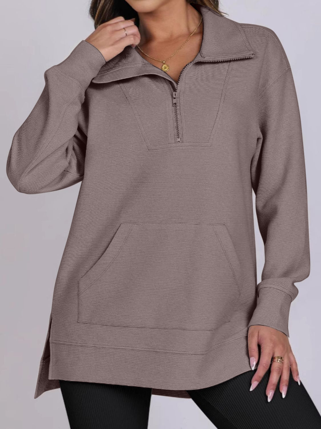 Online Exclusive: High-Low Quarter Zip Long Sleeve Sweatshirt