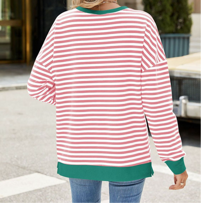 Online Exclusive: Slit Striped Round Neck Long Sleeve Sweatshirt