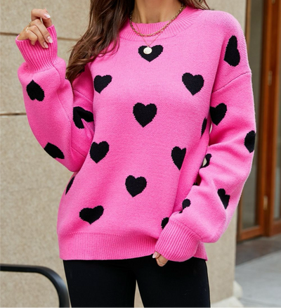 Online Exclusive: Woven Heart Pattern Lantern Sleeve Round Neck Sweater