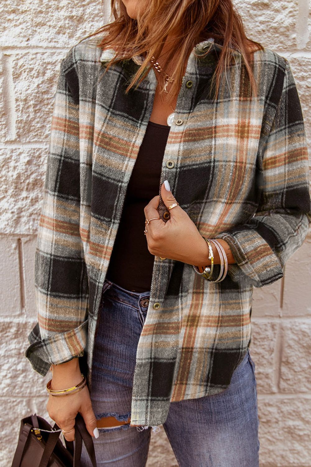 Online Exclusive: Plaid Collared Neck Button Up Long Sleeve Shirt