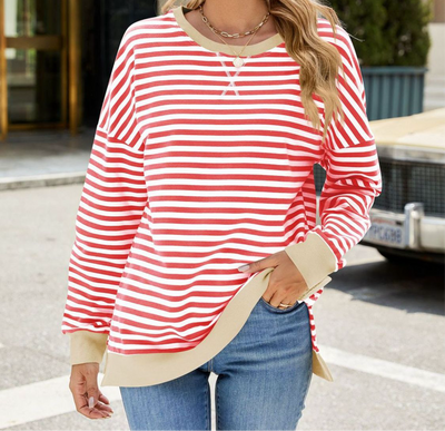 Online Exclusive: Slit Striped Round Neck Long Sleeve Sweatshirt