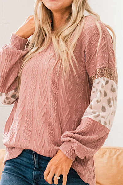 Online Exclusive: Sequin Leopard Round Neck Long Sleeve Knit