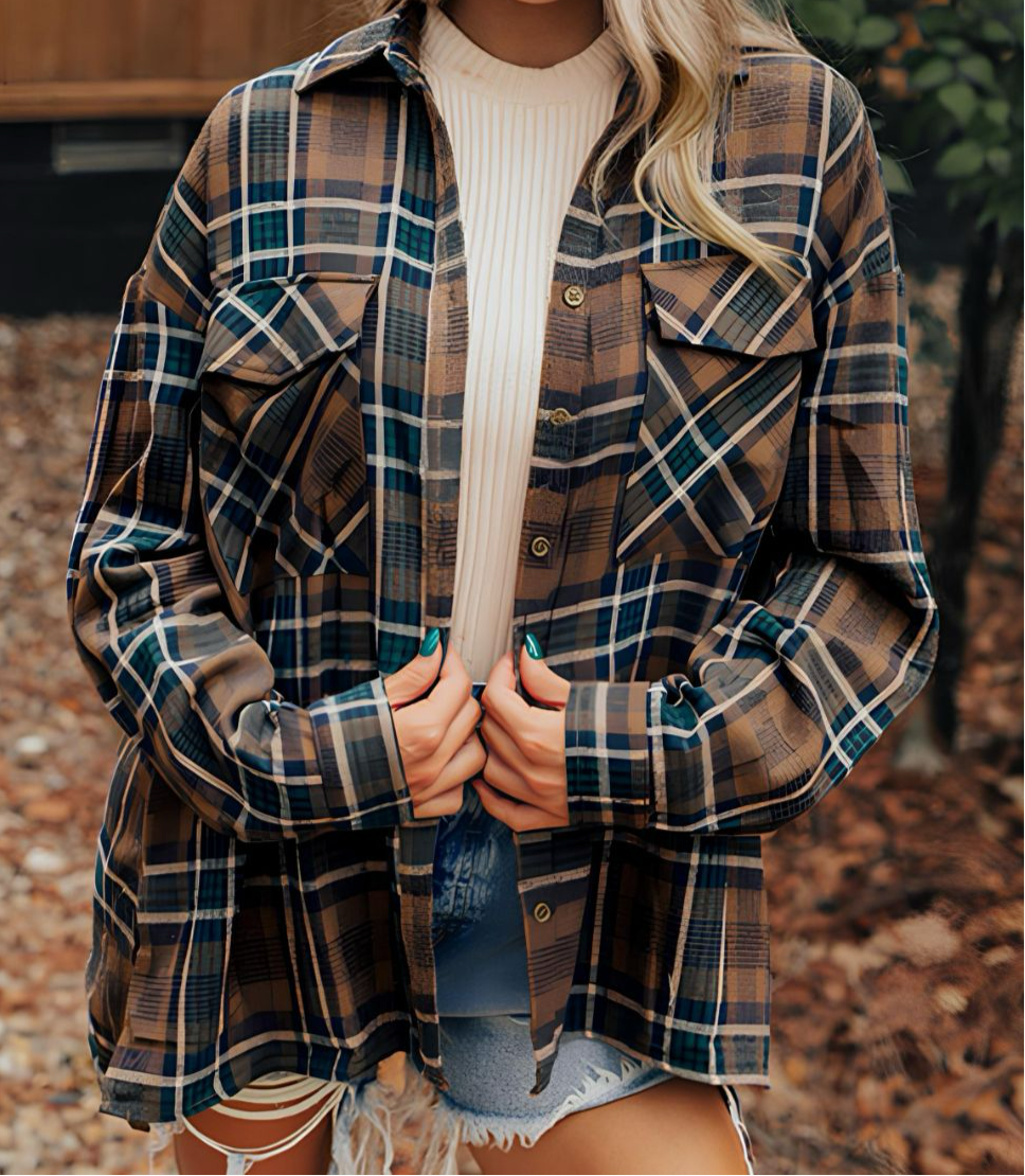 Online Exclusive: Plaid Collared Neck Button Up Jacket