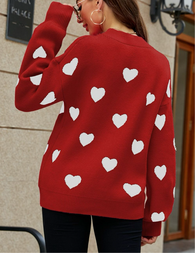 Online Exclusive: Woven Heart Pattern Lantern Sleeve Round Neck Sweater