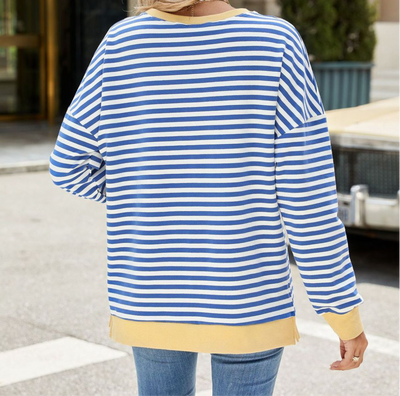 Online Exclusive: Slit Striped Round Neck Long Sleeve Sweatshirt