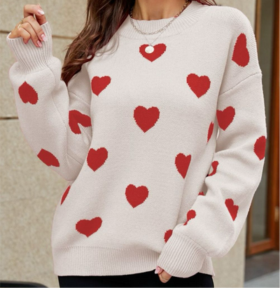 Online Exclusive: Woven Heart Pattern Lantern Sleeve Round Neck Sweater