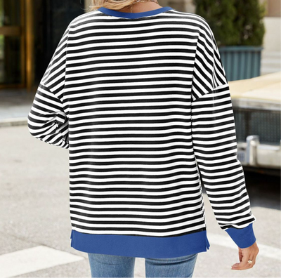 Online Exclusive: Slit Striped Round Neck Long Sleeve Sweatshirt