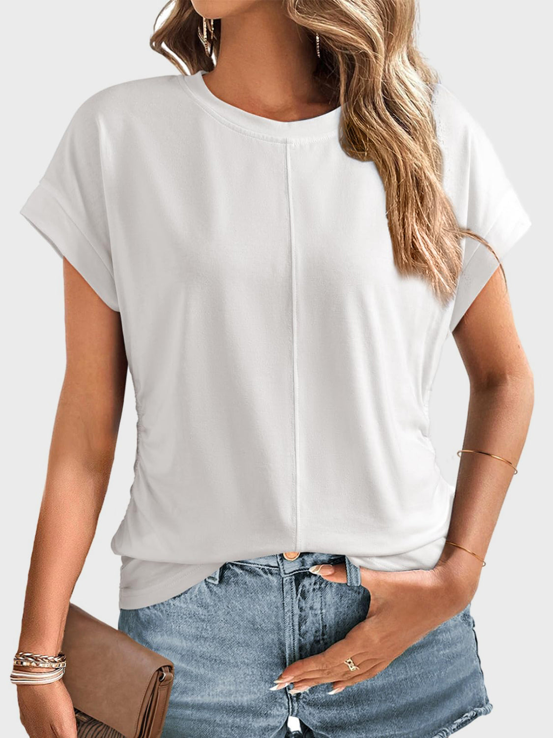 Online Exclusive: Ruched Round Neck Short Sleeve T-Shirt