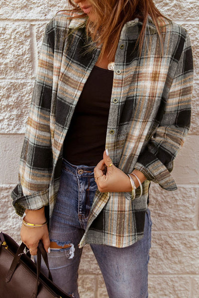 Online Exclusive: Plaid Collared Neck Button Up Long Sleeve Shirt