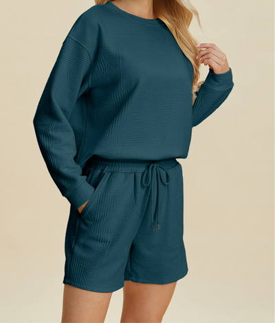 Online Exclusive: Double Take Full Size Texture Round Neck Long Sleeve Top and Shorts Set