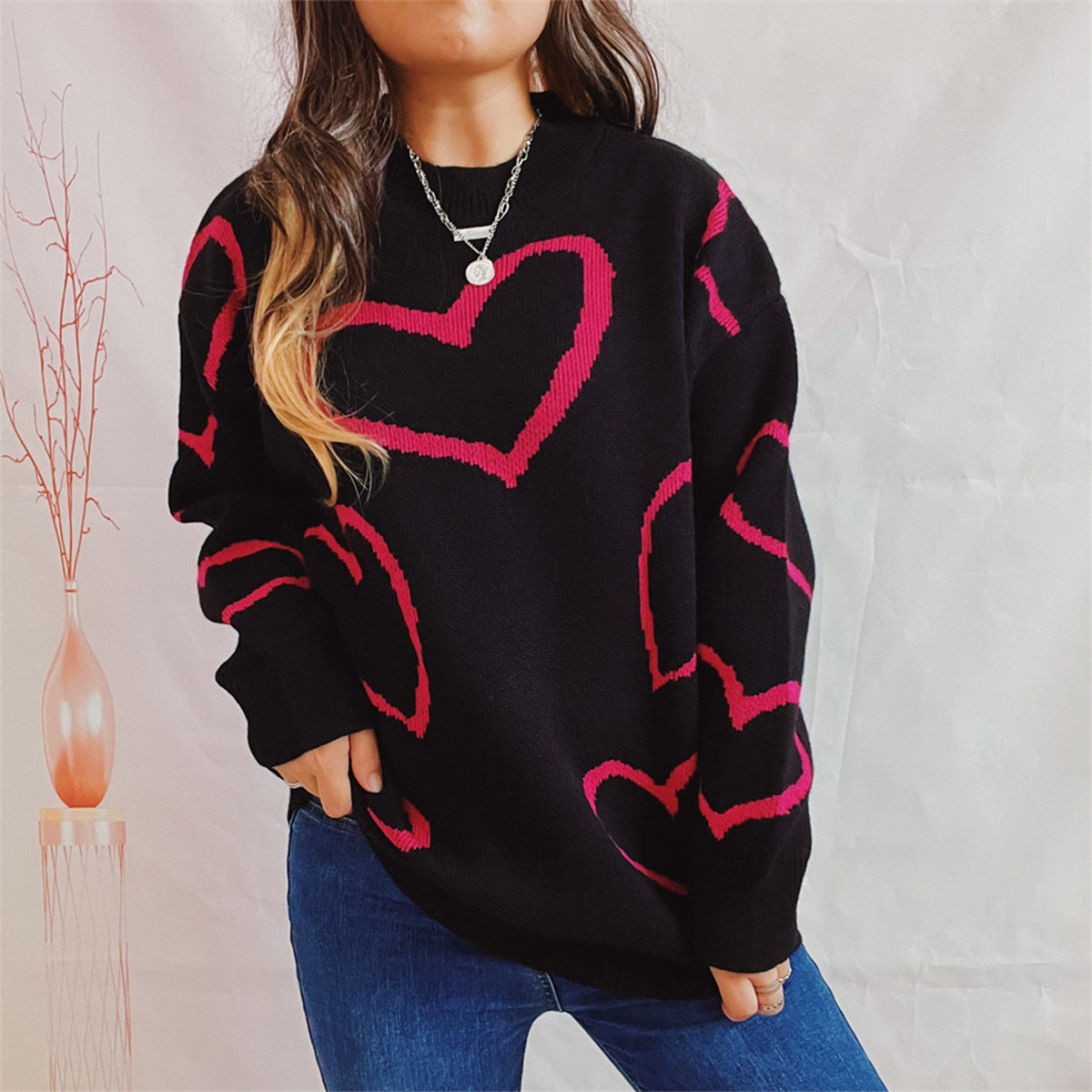 Online Exclusive: Heart Pattern Long Sleeve Sweater