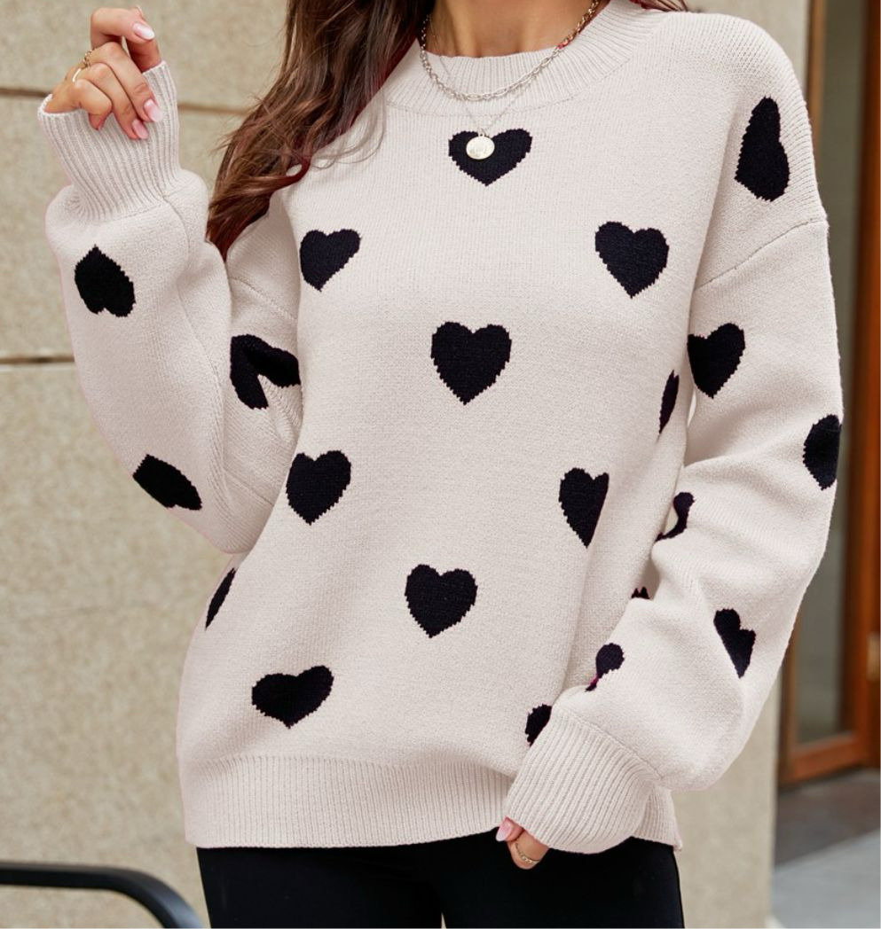 Online Exclusive: Woven Heart Pattern Lantern Sleeve Round Neck Sweater