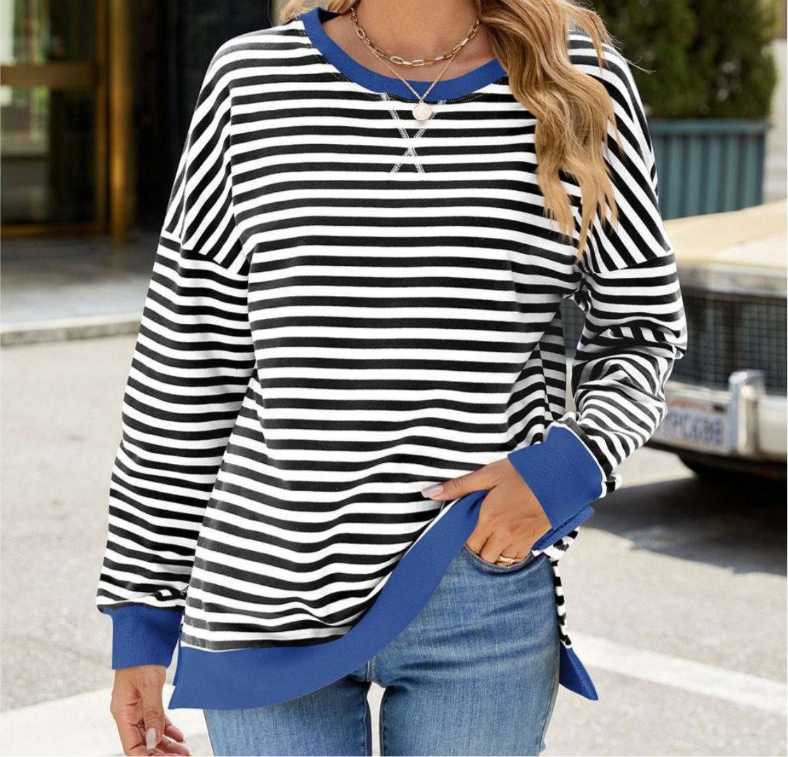 Online Exclusive: Slit Striped Round Neck Long Sleeve Sweatshirt