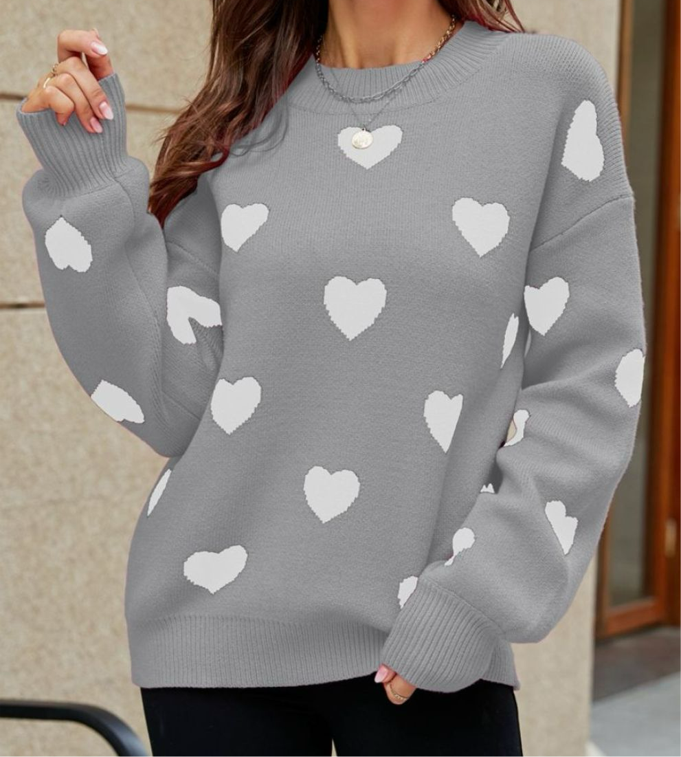 Online Exclusive: Woven Heart Pattern Lantern Sleeve Round Neck Sweater