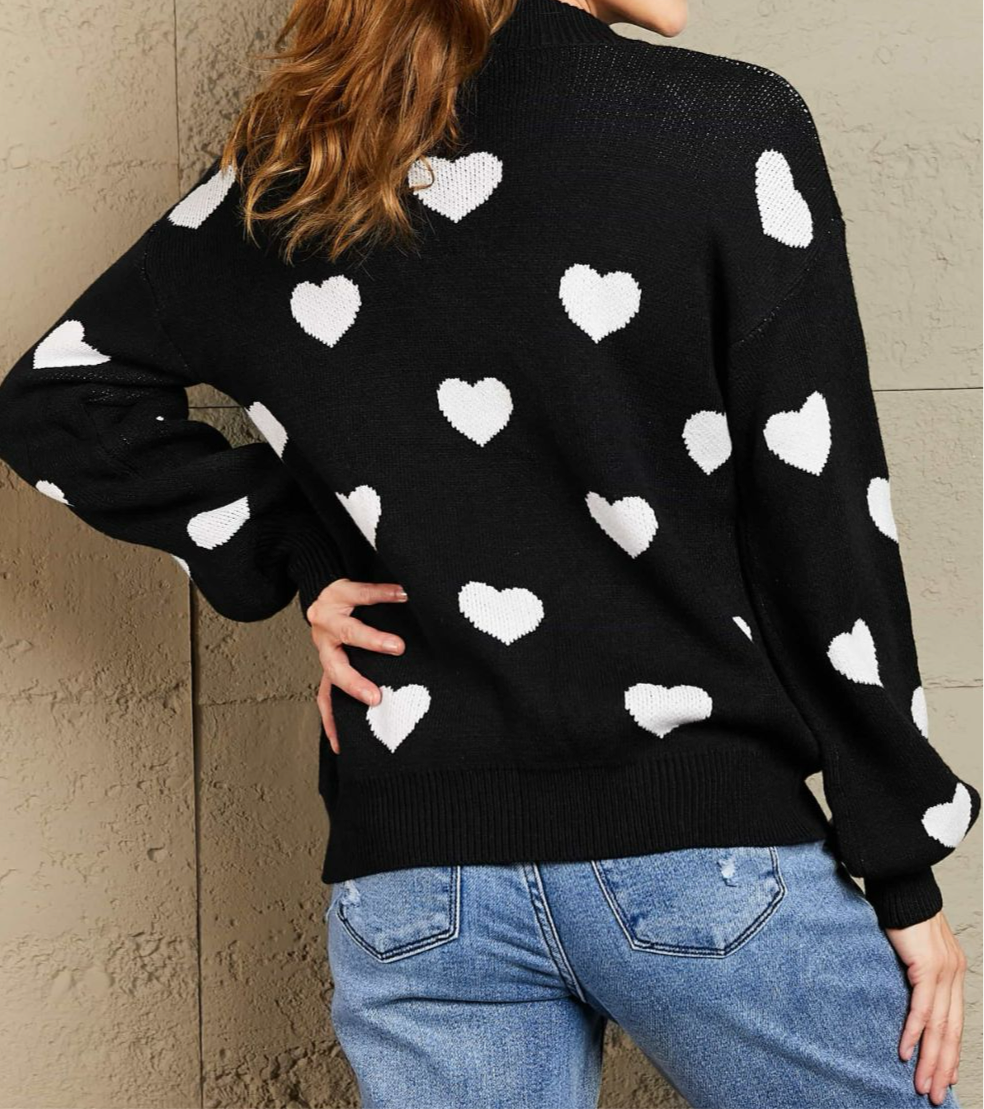 Online Exclusive: Woven Heart Pattern Lantern Sleeve Round Neck Sweater