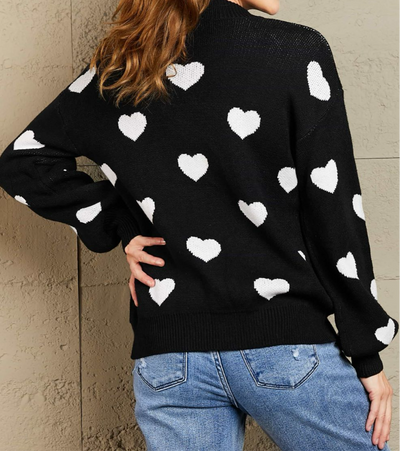 Online Exclusive: Woven Heart Pattern Lantern Sleeve Round Neck Sweater