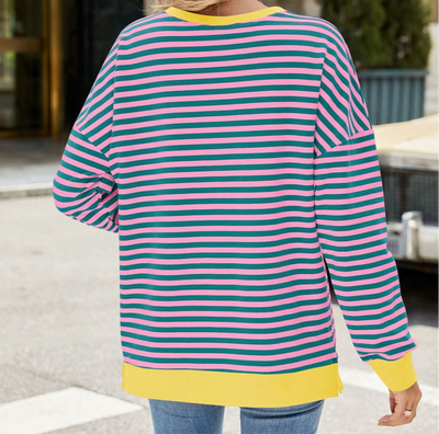 Online Exclusive: Slit Striped Round Neck Long Sleeve Sweatshirt