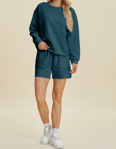 Online Exclusive: Double Take Full Size Texture Round Neck Long Sleeve Top and Shorts Set