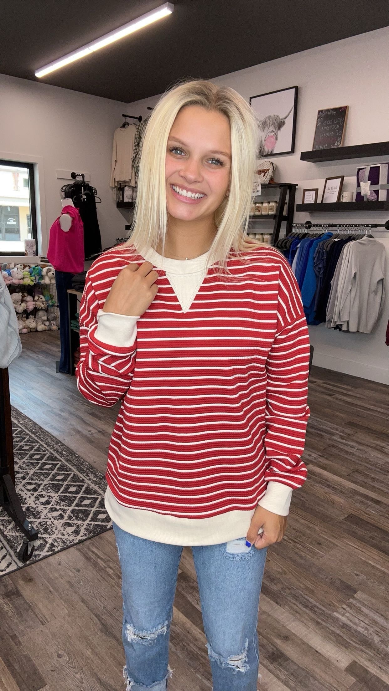 Red Crewneck Striped Pullover