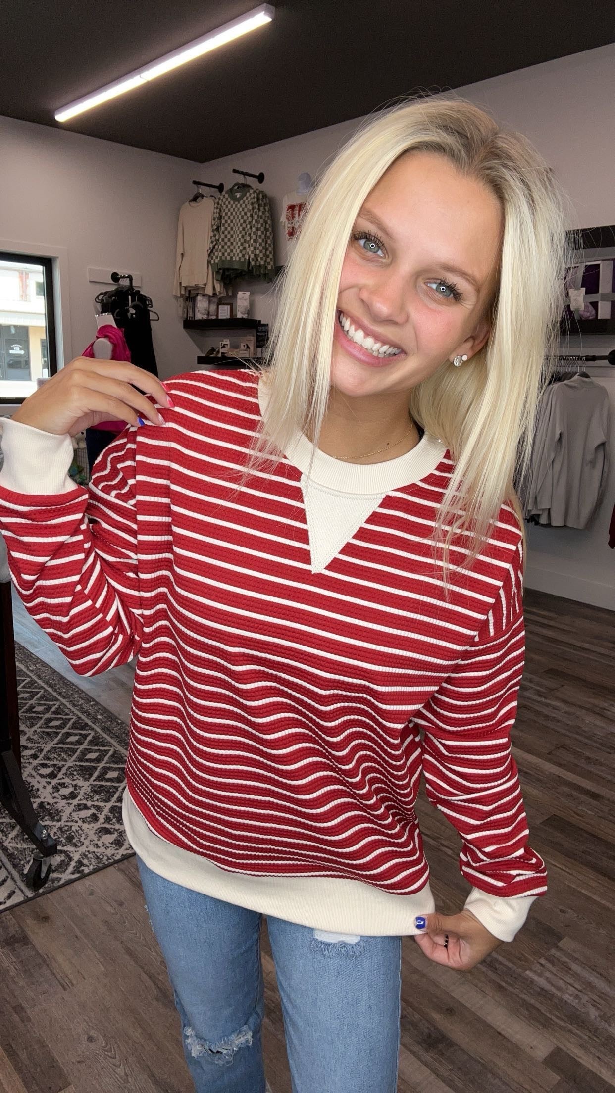 Red Crewneck Striped Pullover