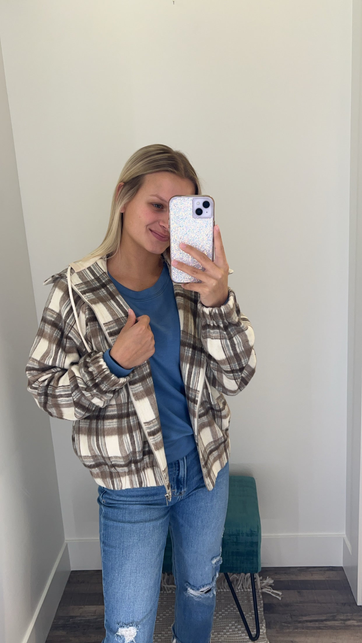 Hooded Full Zip Plaid Jacket