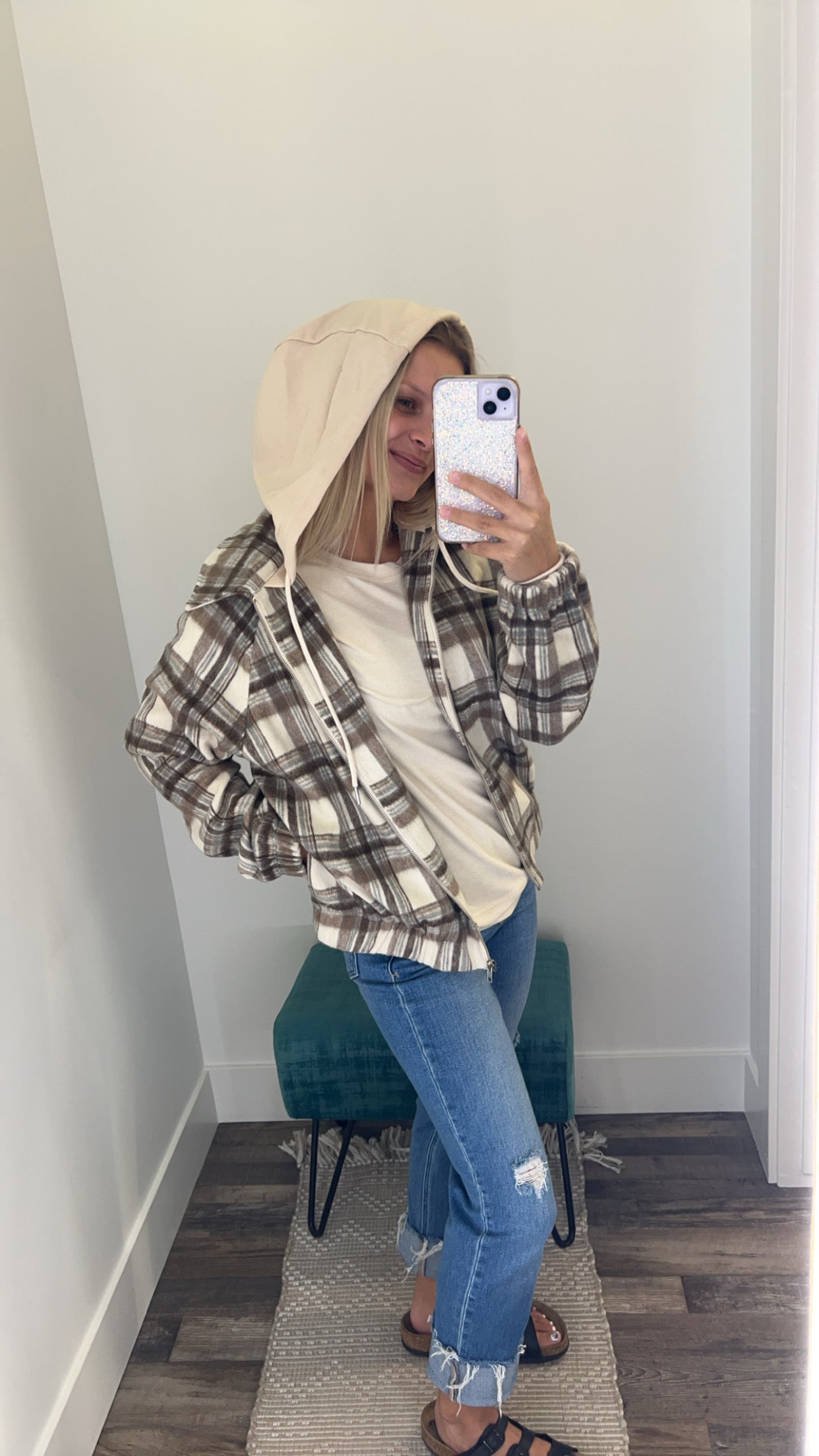 Hooded Full Zip Plaid Jacket