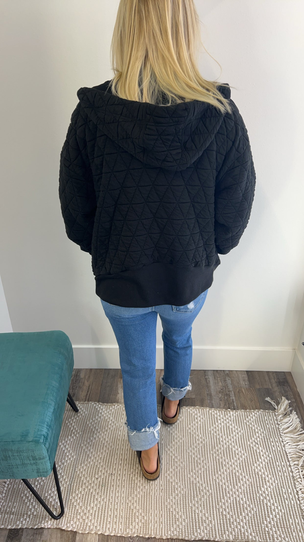 Black Quilted Hooded Zip up Jacket