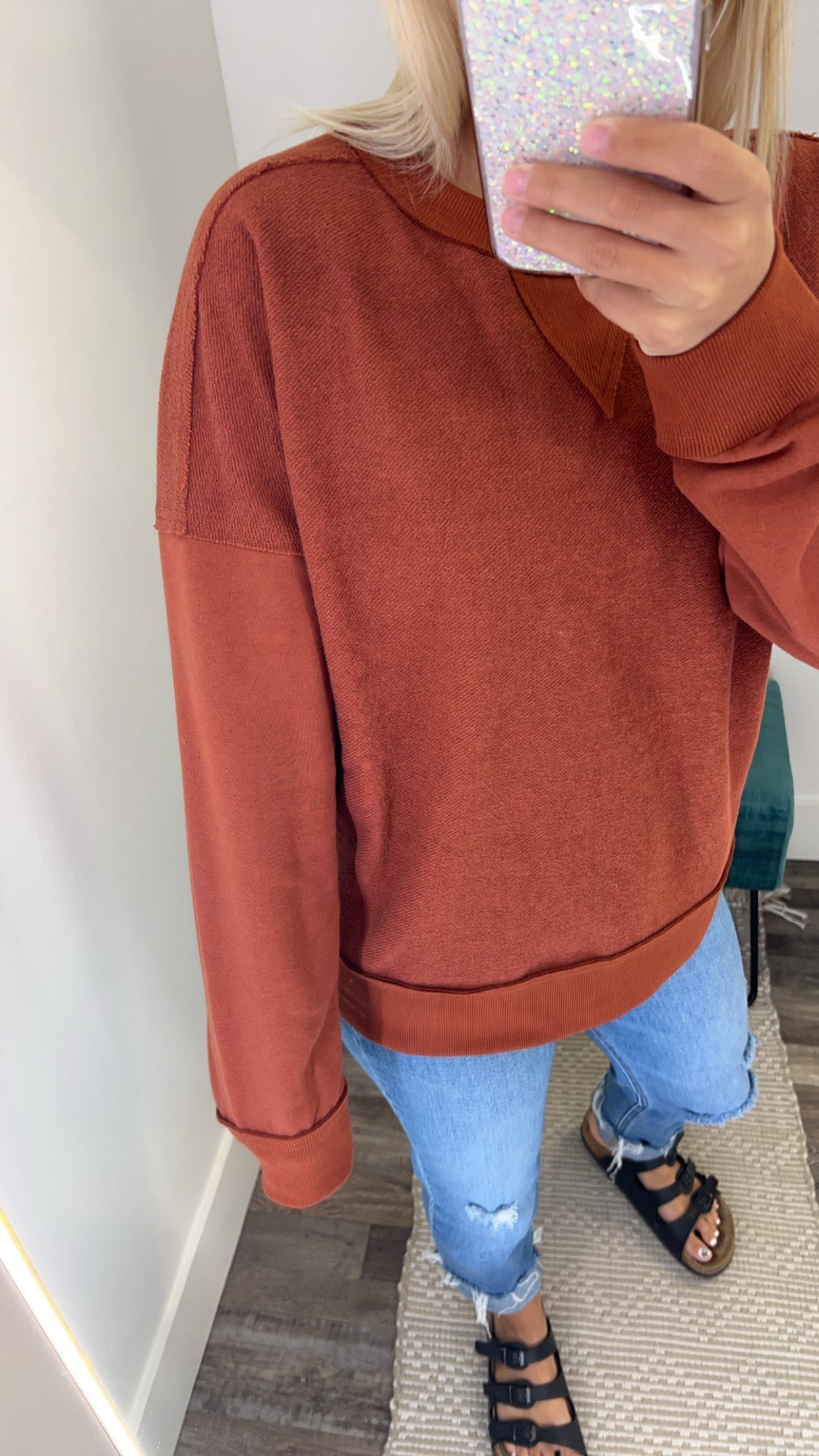 Rust Crew Neck Long Sleeve Terry Top