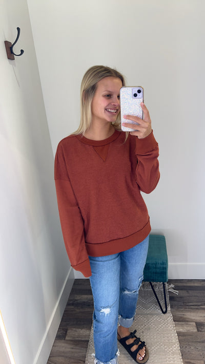 Rust Crew Neck Long Sleeve Terry Top