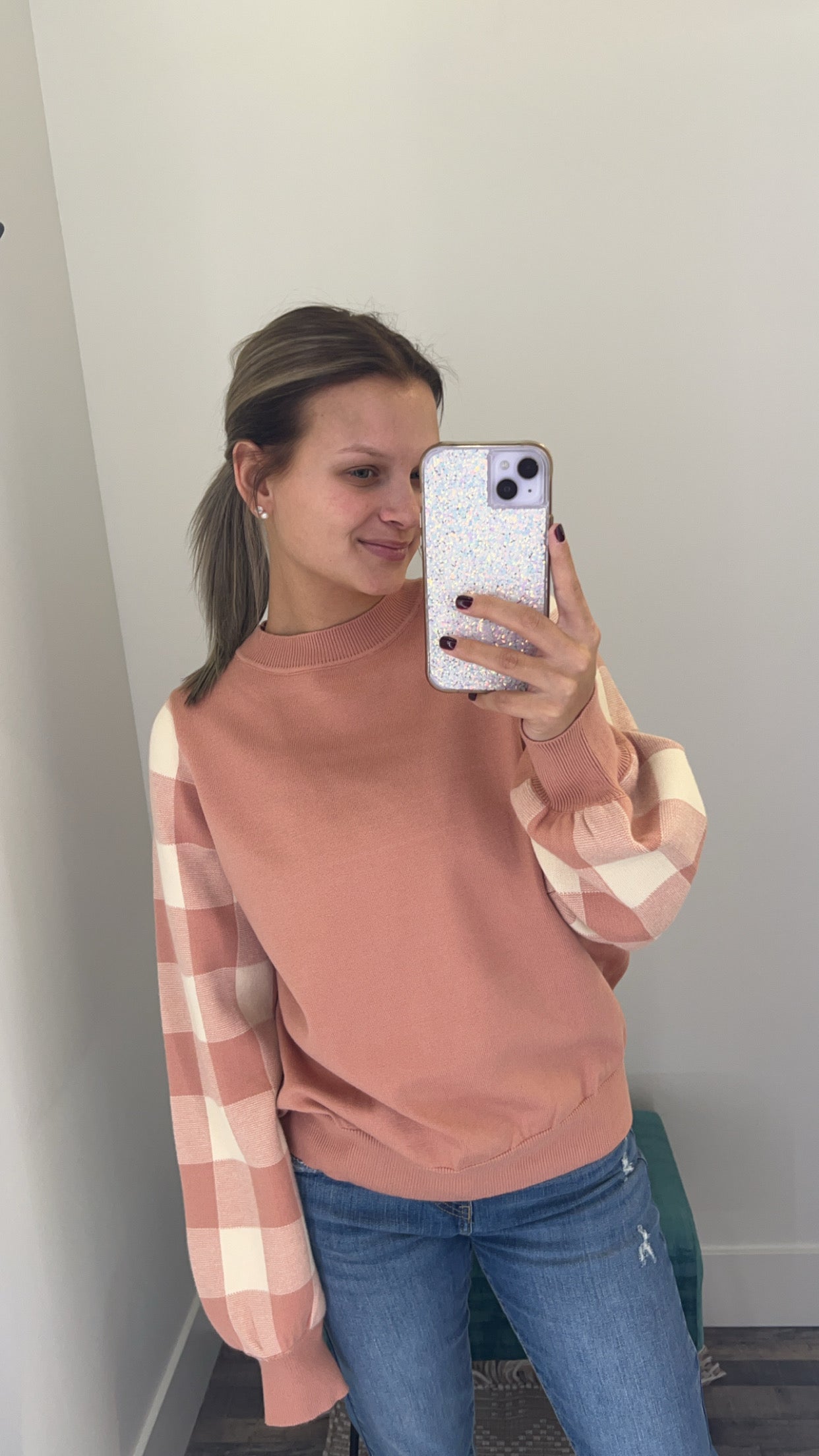 Blushing Peach Checkered Sweater