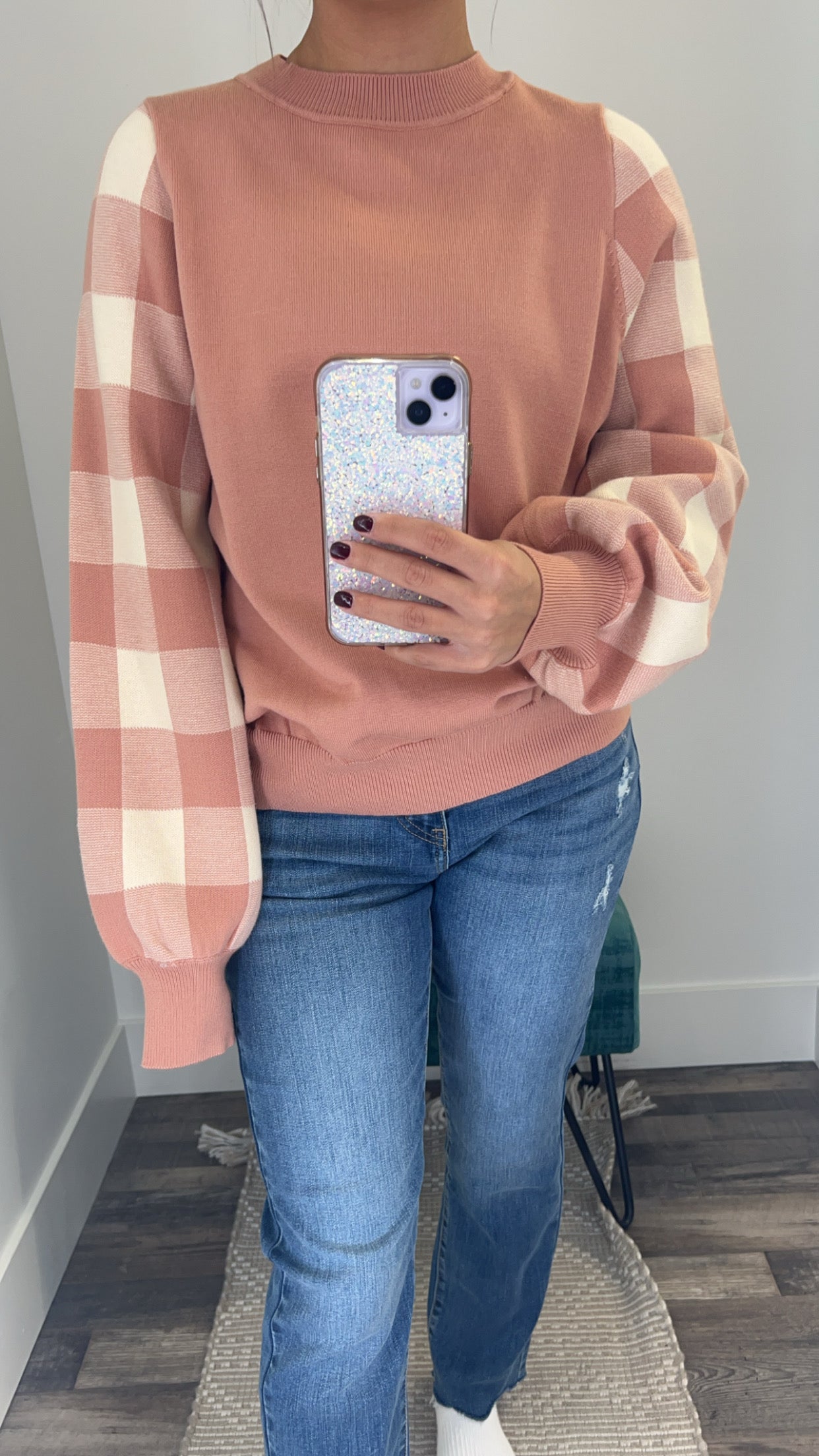 Blushing Peach Checkered Sweater