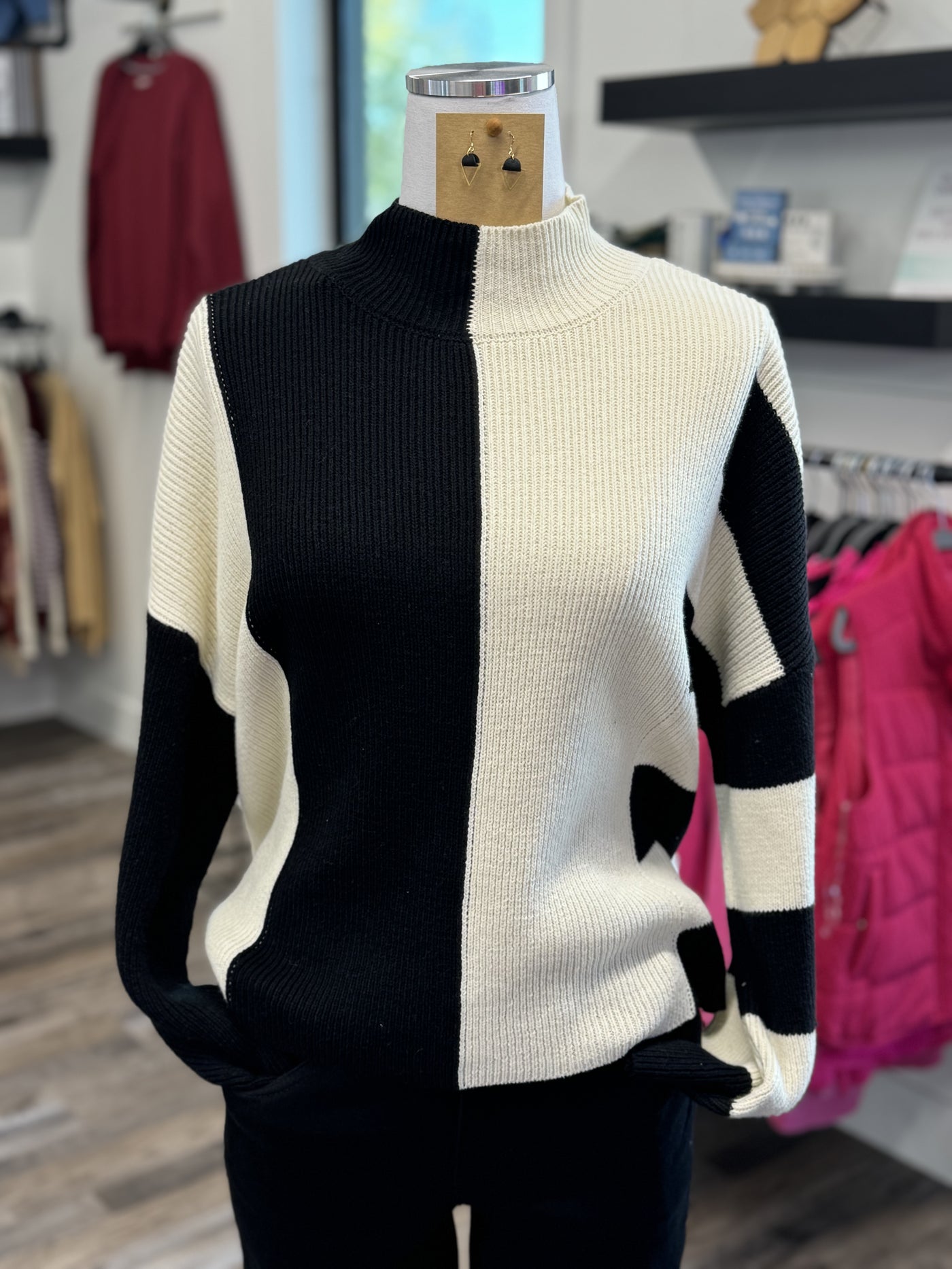 Stripe Colorblock Mock Neck Sweater