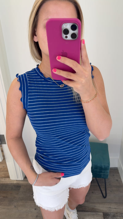 Ribbed Ruffle Trim Sleeveless Stripe Tank