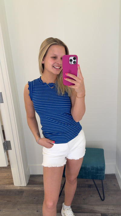 Ribbed Ruffle Trim Sleeveless Stripe Tank